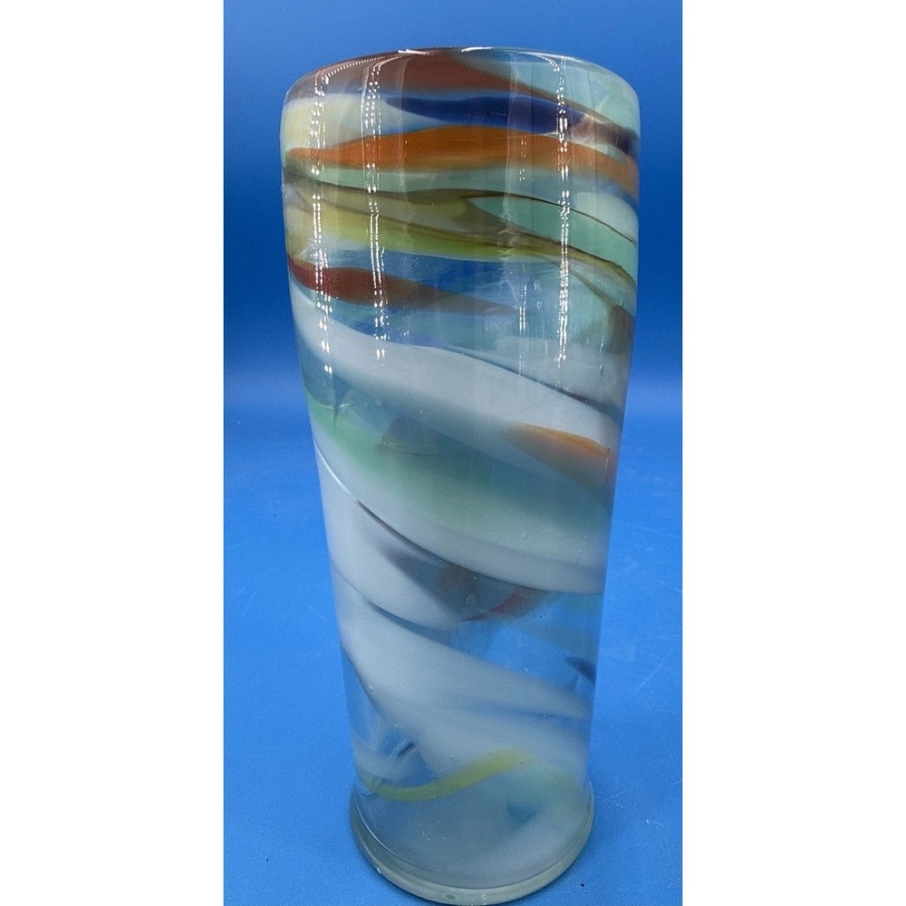Vintage Hand Blown Art Glass Vase With Swirls Cylinder 7 Inches Tall